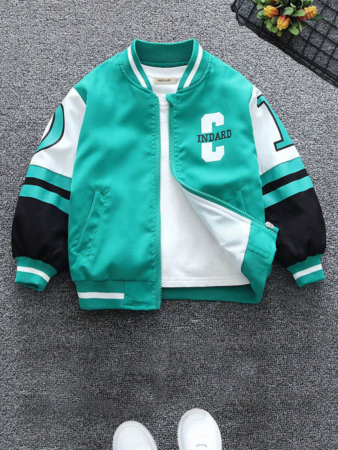 INCLUD Boys Printed Green Colourblocked Mock Collar Open Front Casual Jacket