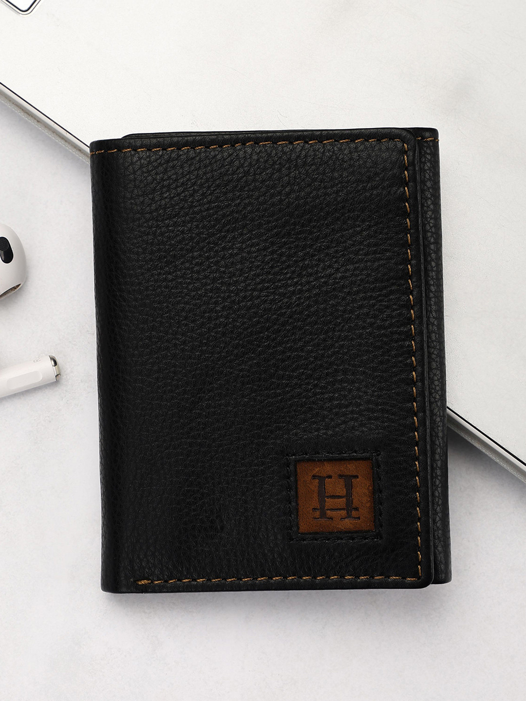 HIROSHI Men Leather Three Fold Wallet HIROSHI_8000_BLACK-Black