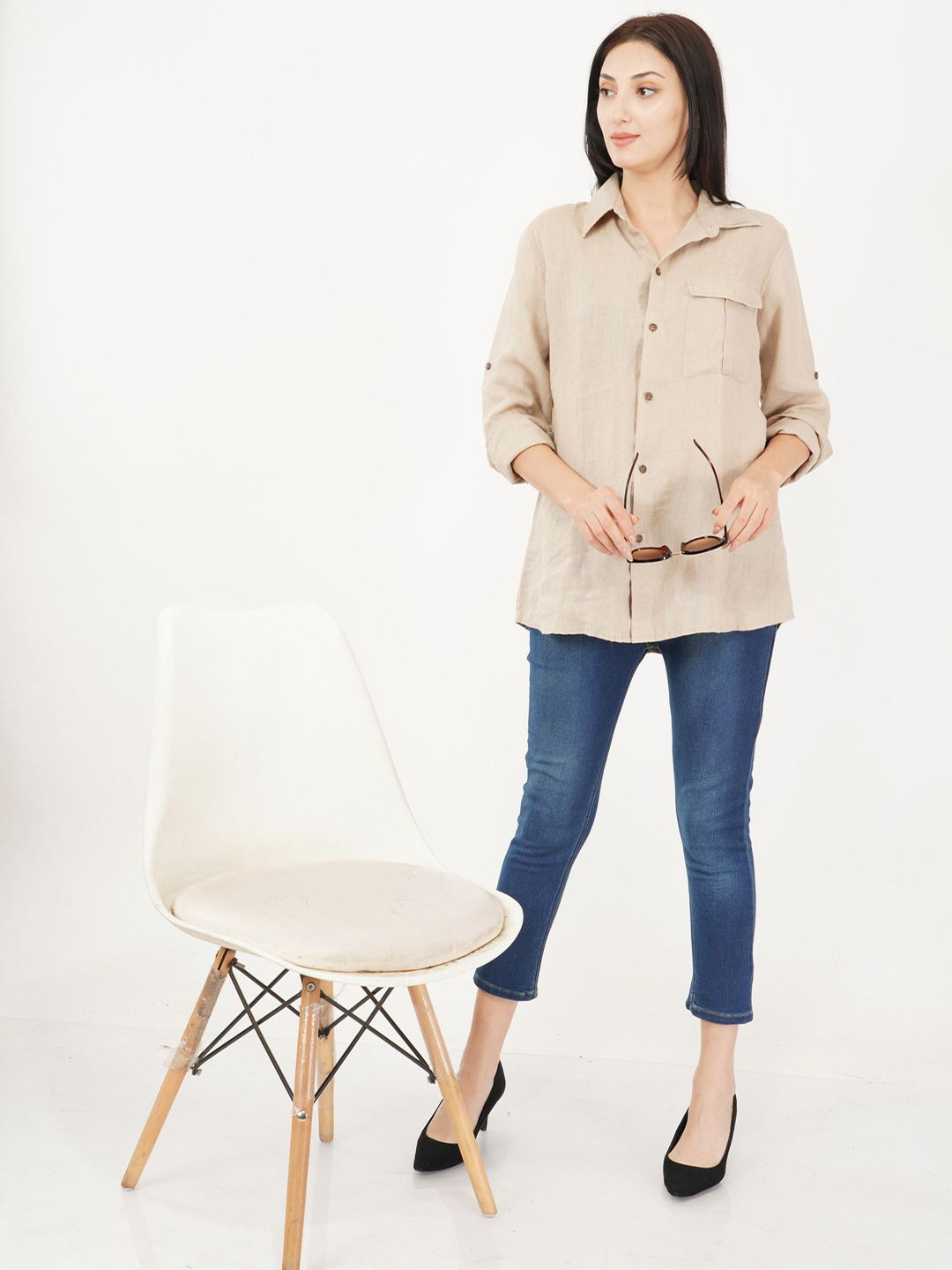 Linen Options Women Spread Collar Solid Linen Casual Shirt
