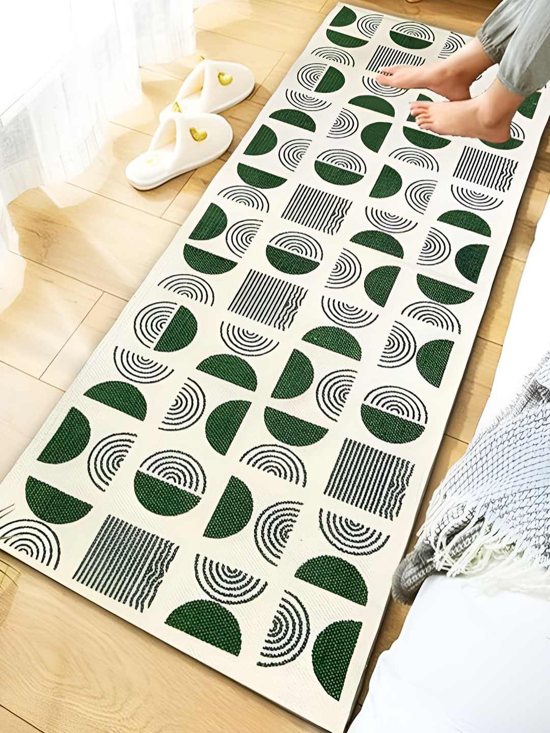 ANA Green & White Printed Pure Cotton Bedside Floor Runner