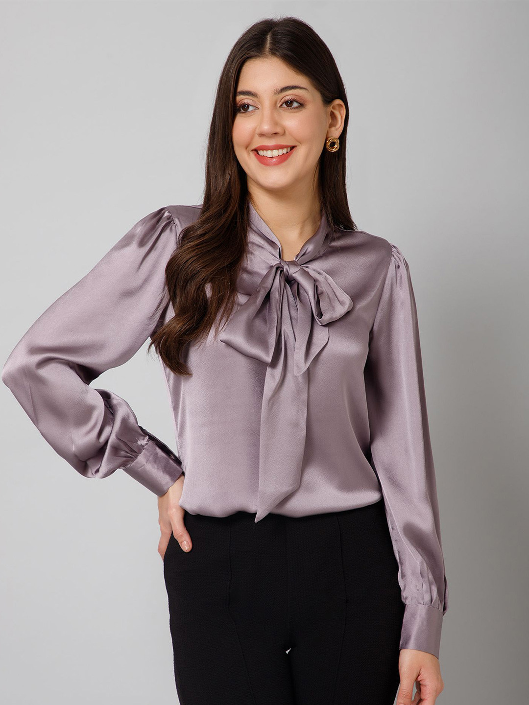 PURYS WORKSPACE Tie-Up Neck Formal Satin Top