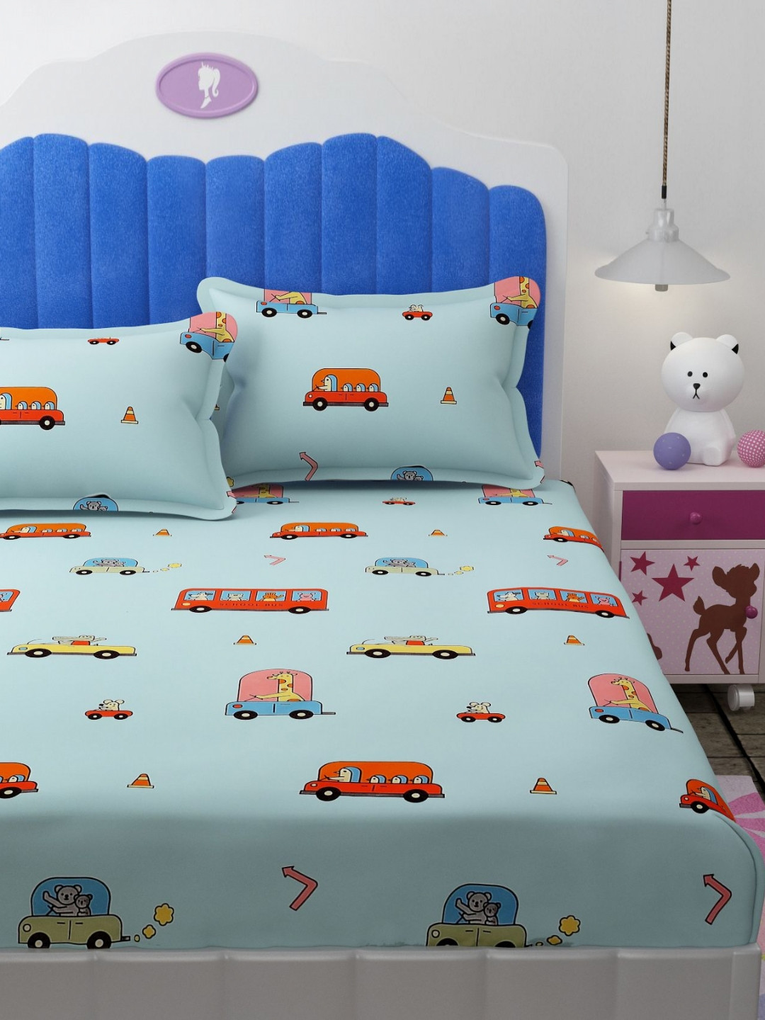 Florida Brocade Blue Graphic Microfiber Breathable 180 TC Fitted Queen Fine Bedsheet with 2 Pillow Covers-72 x 78 inches