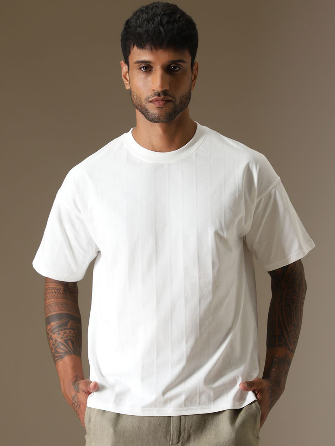 Banana Club Men Striped Self Design Drop Shoulder T-shirt