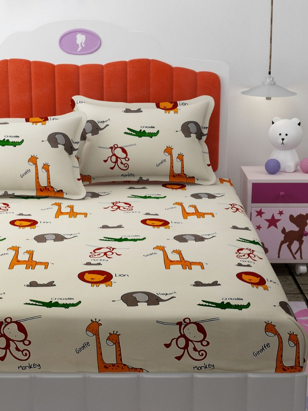 Florida Giggles Kids Cream Graphic Microfiber Breathable 180 TC Fitted Queen Fine Bedsheet with 2 Pillow Covers-182 x 198 x 25 cm