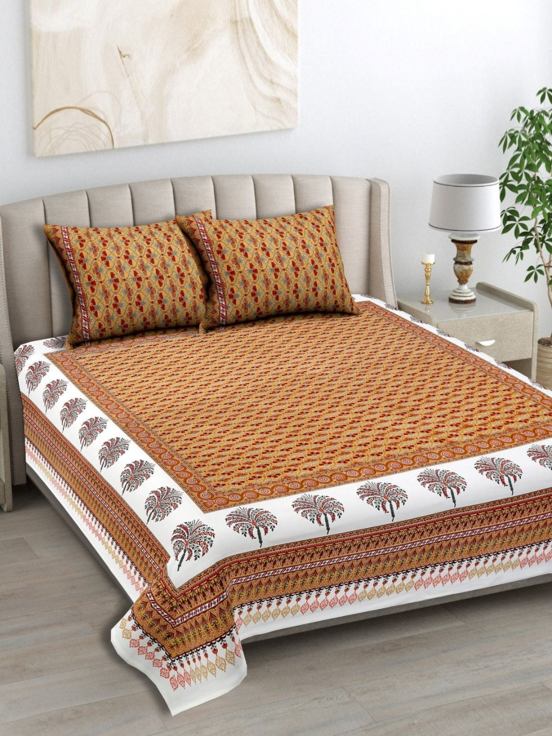 SUTI SWAN Orange Ethnic Motifs Cotton Skin-Friendly 120 TC King Bedsheet with 2 Pillow Covers-241.3 x 274.32 cm