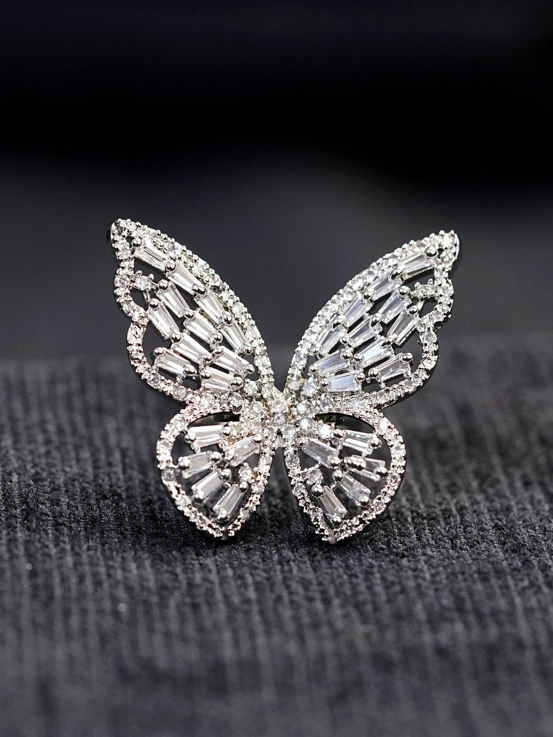 Zoey Silver-Plated American Diamond-Studded Butterfly Shaped Adjustable Finger Ring