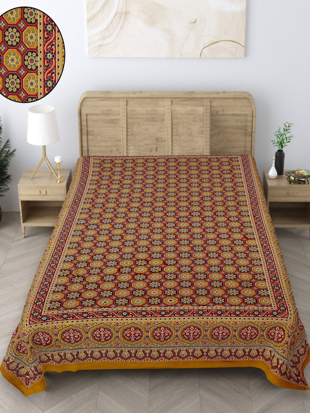 Texstylers Jaipuri Gold Floral Cotton 140 TC Single Bedsheet -152 x 228 cm