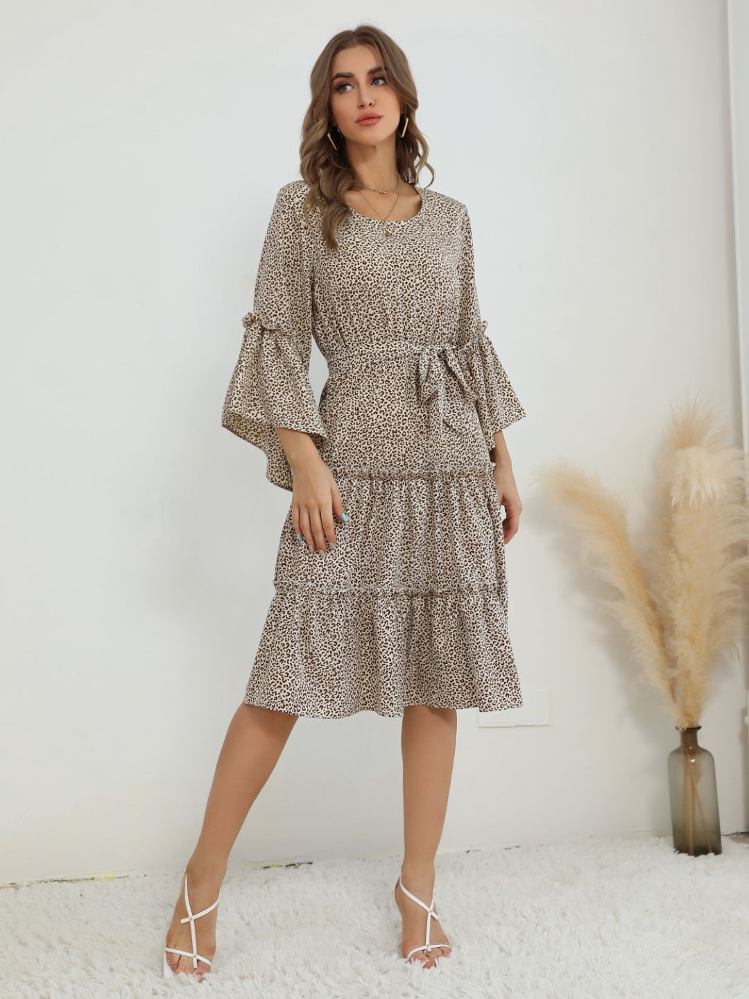 KPOP Women's Animal Print Bell Sleeve A-Line Midi Dress