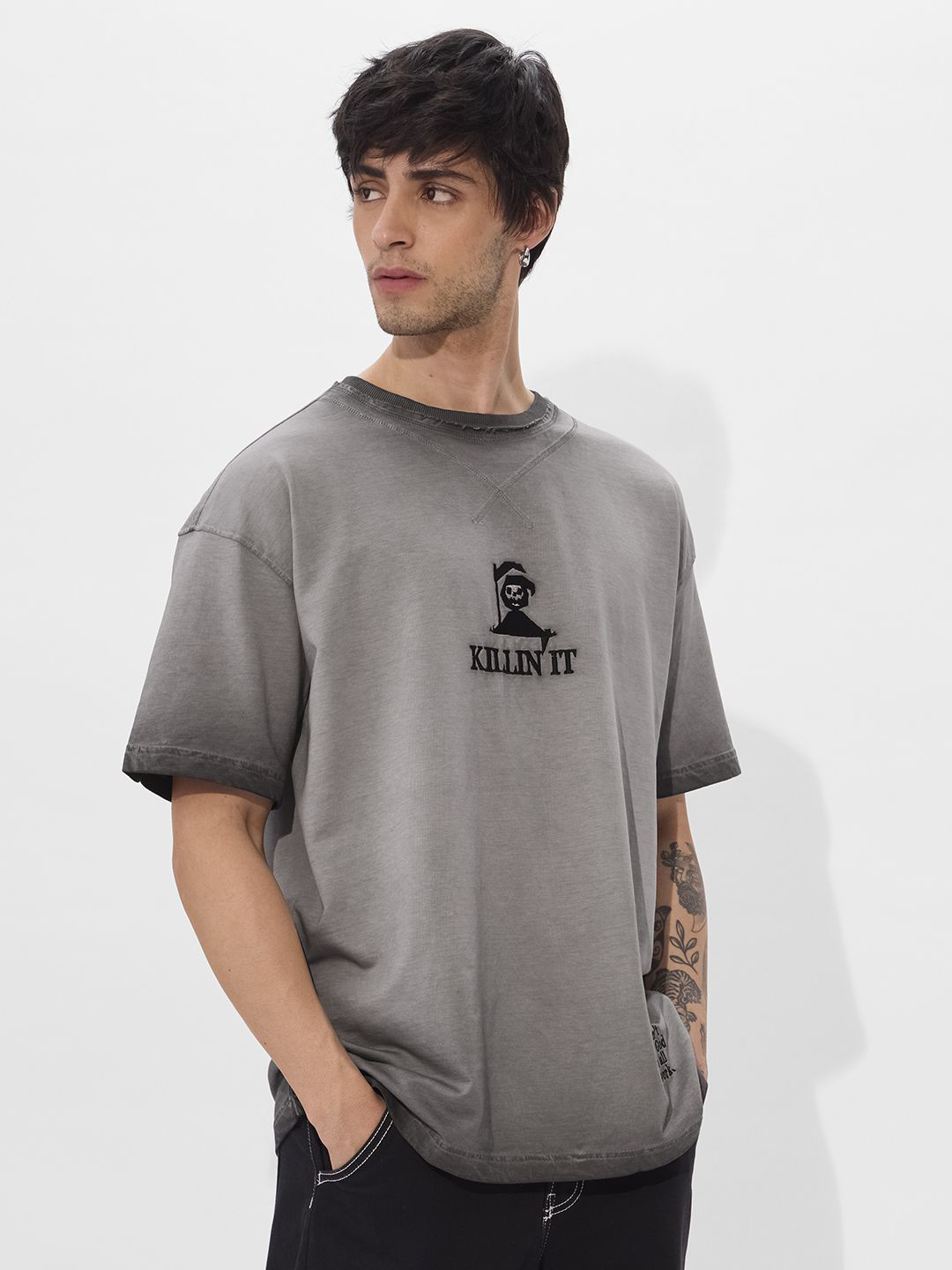 The Souled Store  Men  Killin' It Grey Oversized Fit T-Shirt