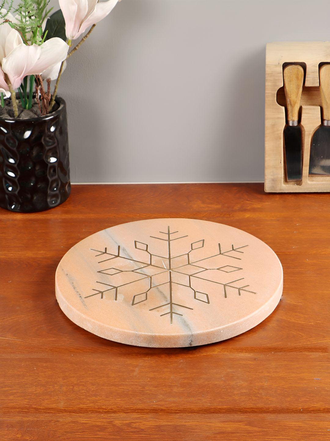 NikkisPride Orange-Coloured Stoneware Round With Brass Snow Flake Inlay Work Food Platter
