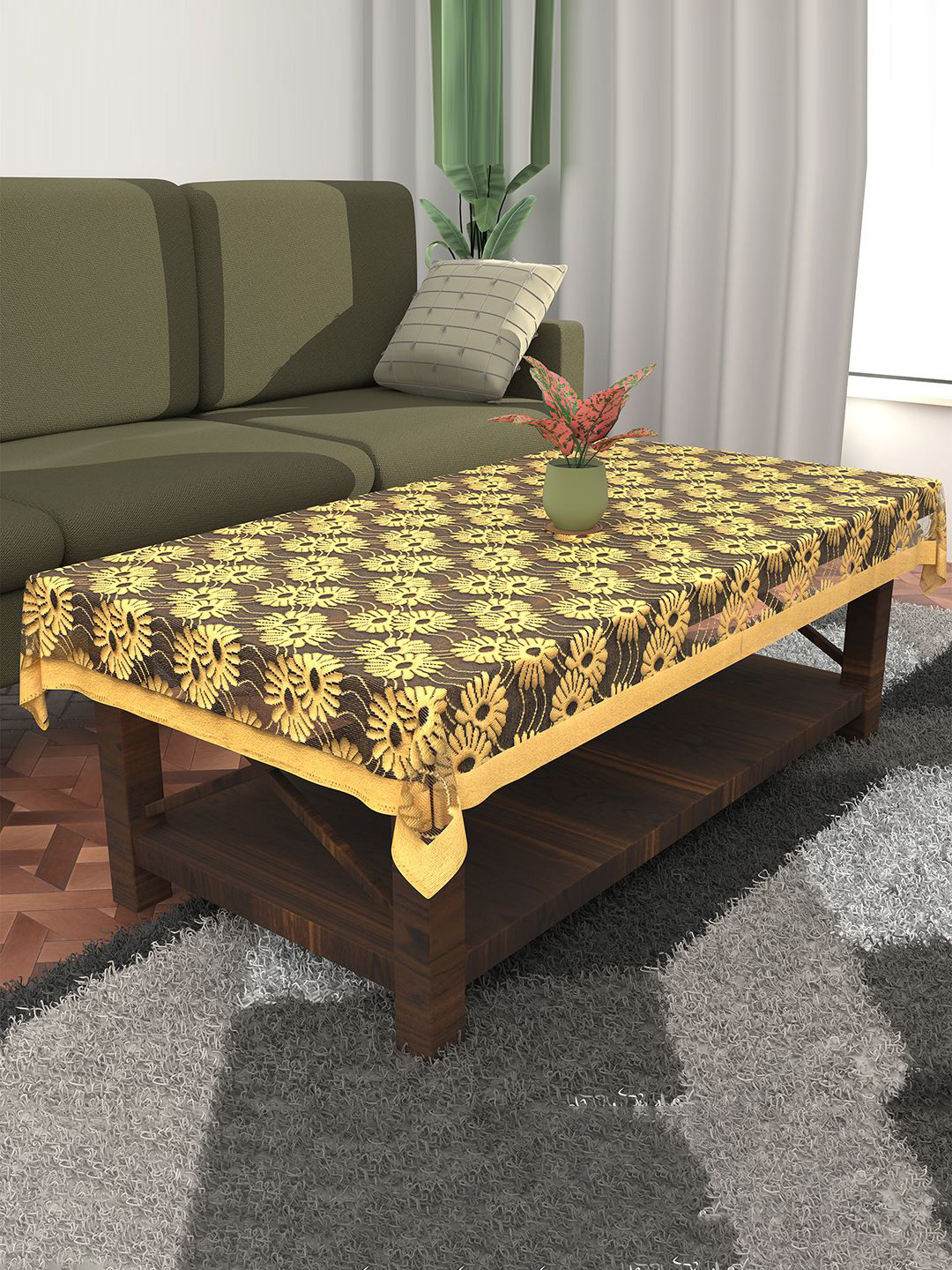 Kuber Industries Yellow & Black Floral Printed Cotton 4-Seater Table Cover