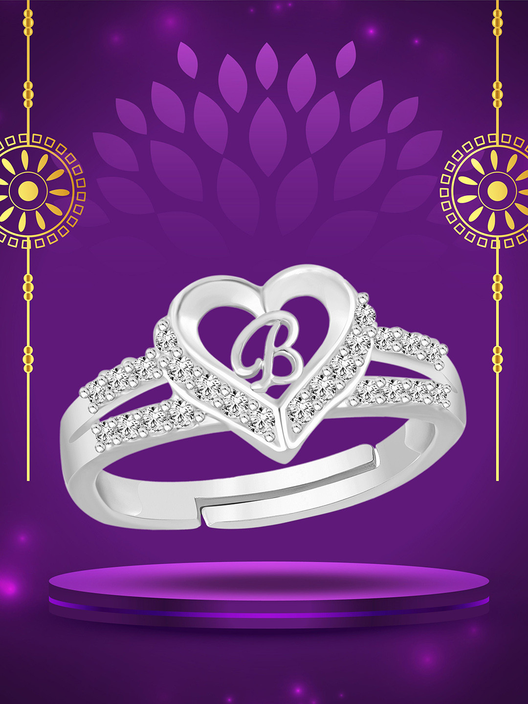 Heer Collection Unisex Silver-Plated AD Stone Studded Alphabet B Adjustable Finger Ring