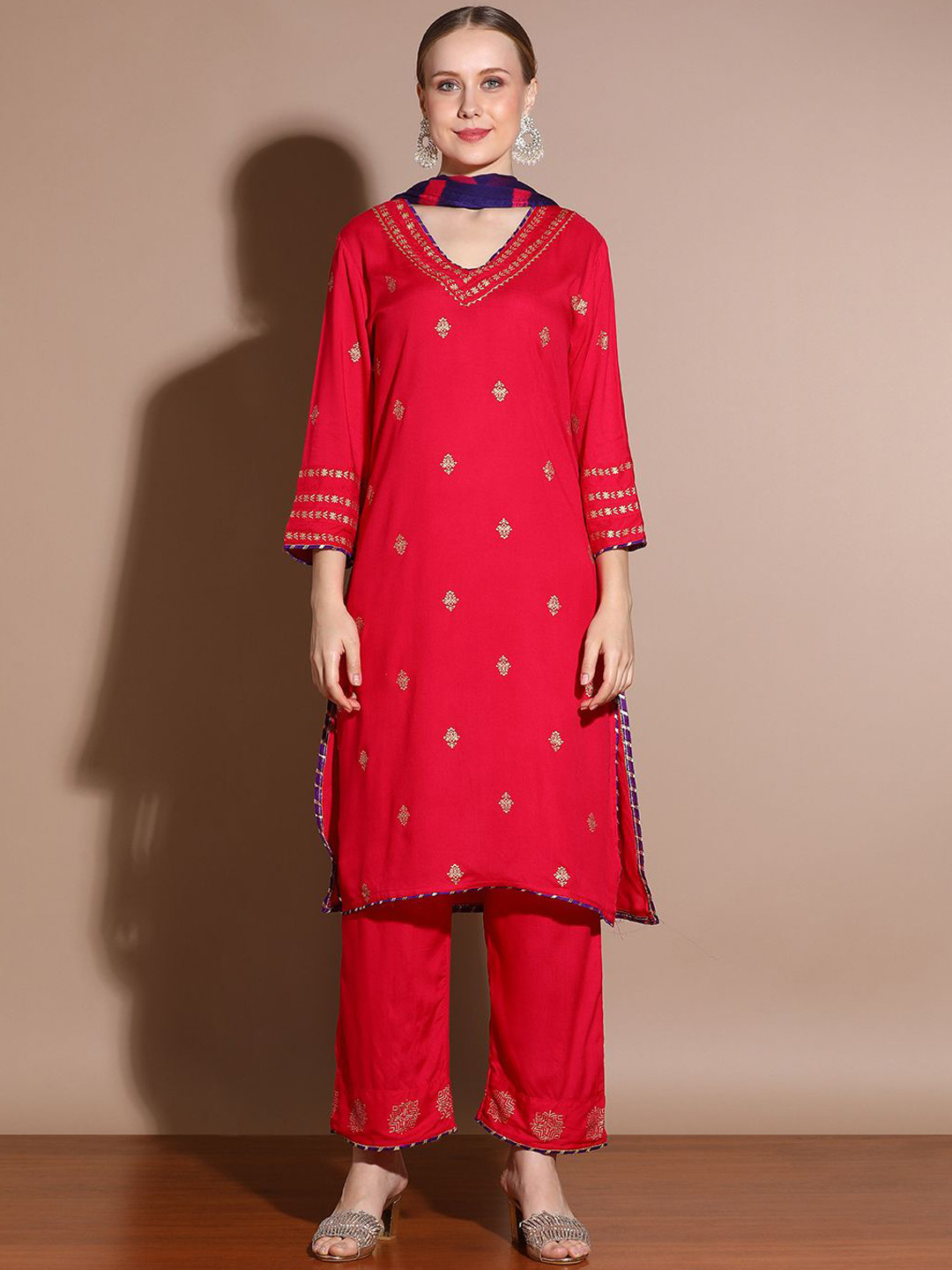 Anouk Pink Floral Printed Embroidered Straight Kurta With Palazzo & Dupatta