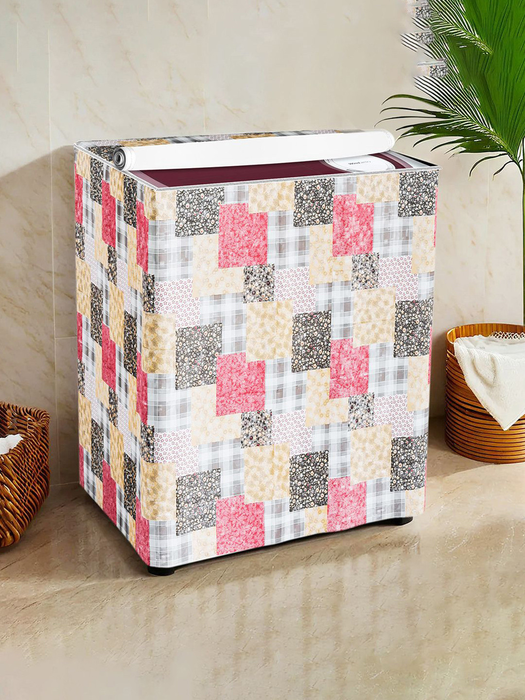 Kuber Industries White & Pink Printed Semi-Automatic Washing Machine Covers
