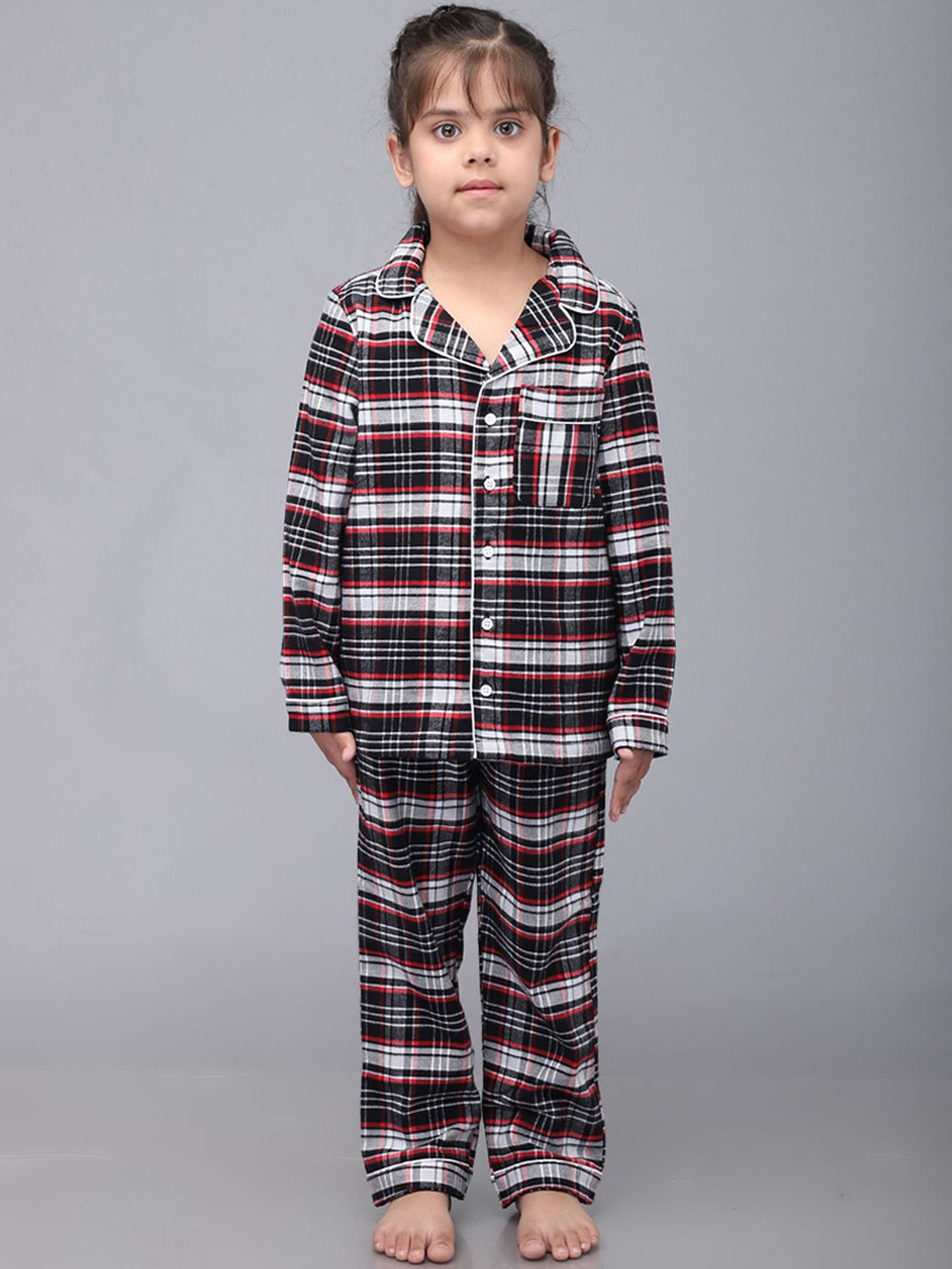 Biglilpeople Kids Checked Lapel Collar Pure Cotton Night suit
