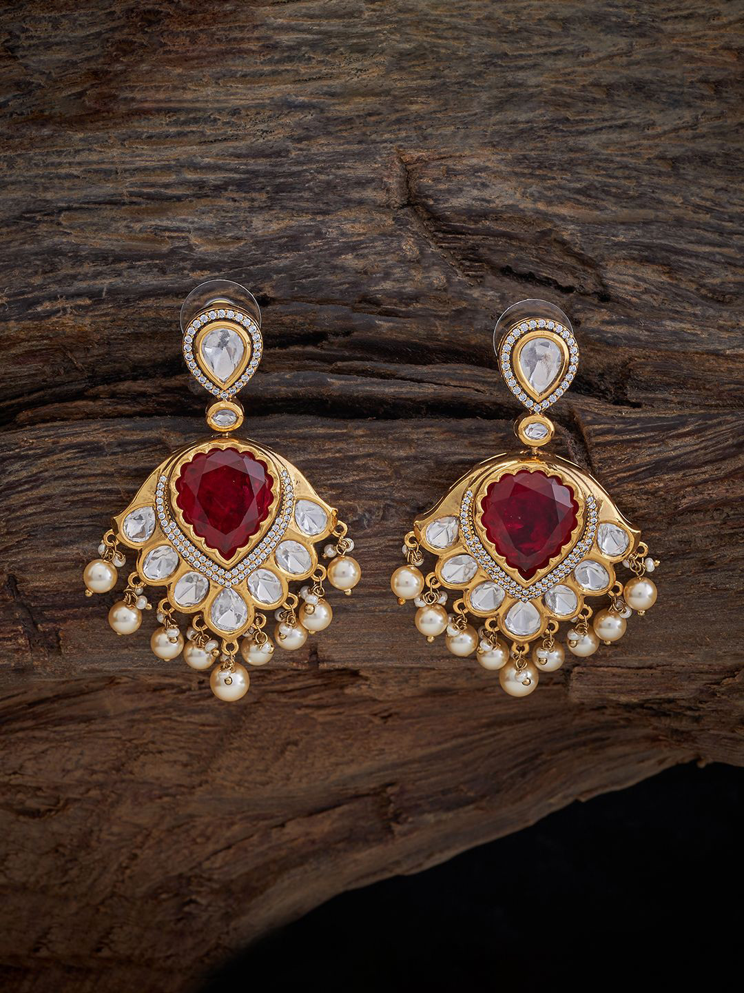 Kushal's Fashion Jewellery Ruby Kundan Studded & Beaded Teardrop Shaped Drop Earrings