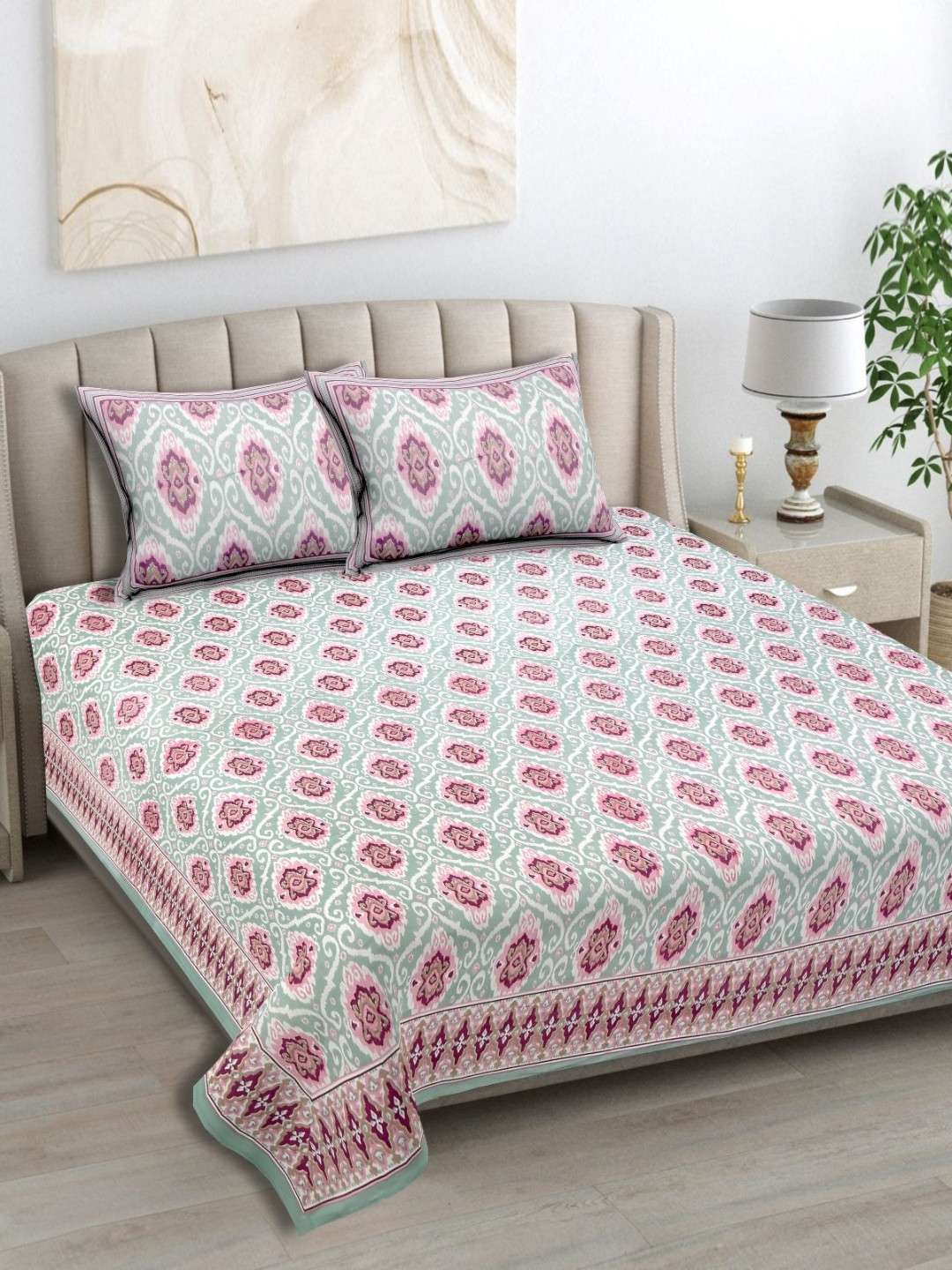 SUTI SWAN Pink Ethnic Motifs Cotton 120 TC King Bedsheet with 2 Pillow Covers-250 x 220 cm