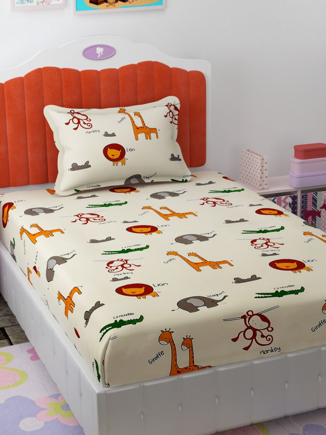 Florida Giggles Cream Graphic Microfiber 180 TC Single Fine Bedsheet with a Pillow Cover-61 x 90 inches