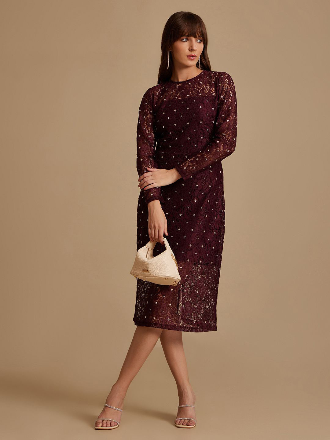 Kazo Women Embellished Satin A-Line Midi Dress