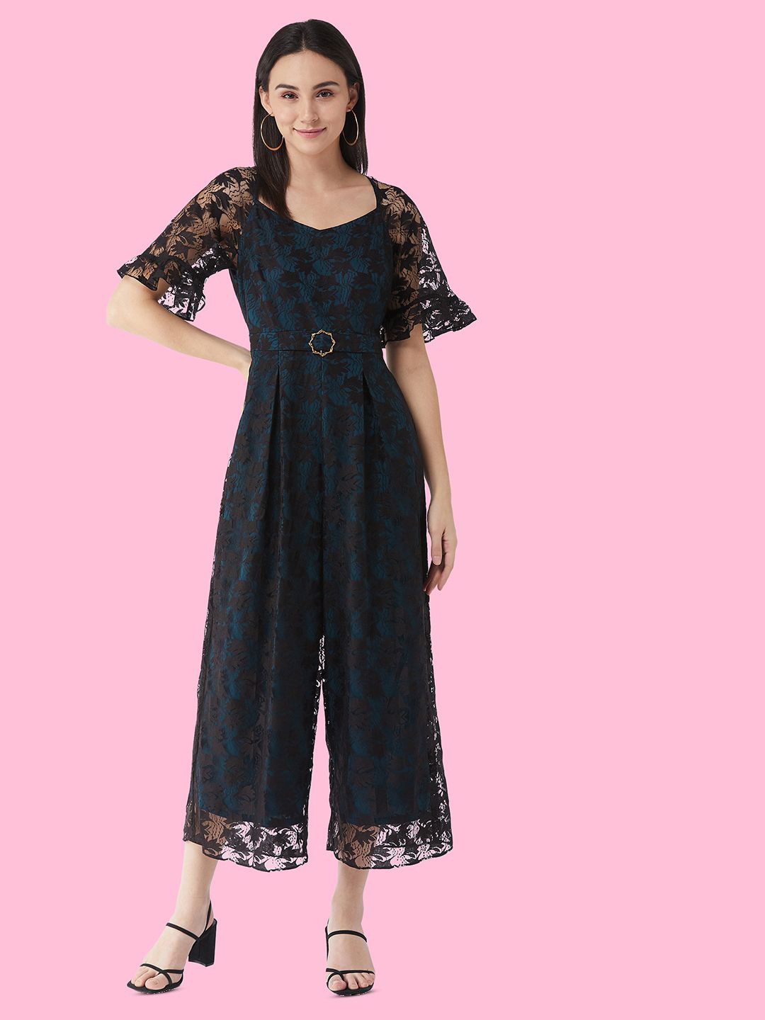DressBerry Women V-neck Raglan Sleeve Solid Lace Overlaid Regular Jumpsuit