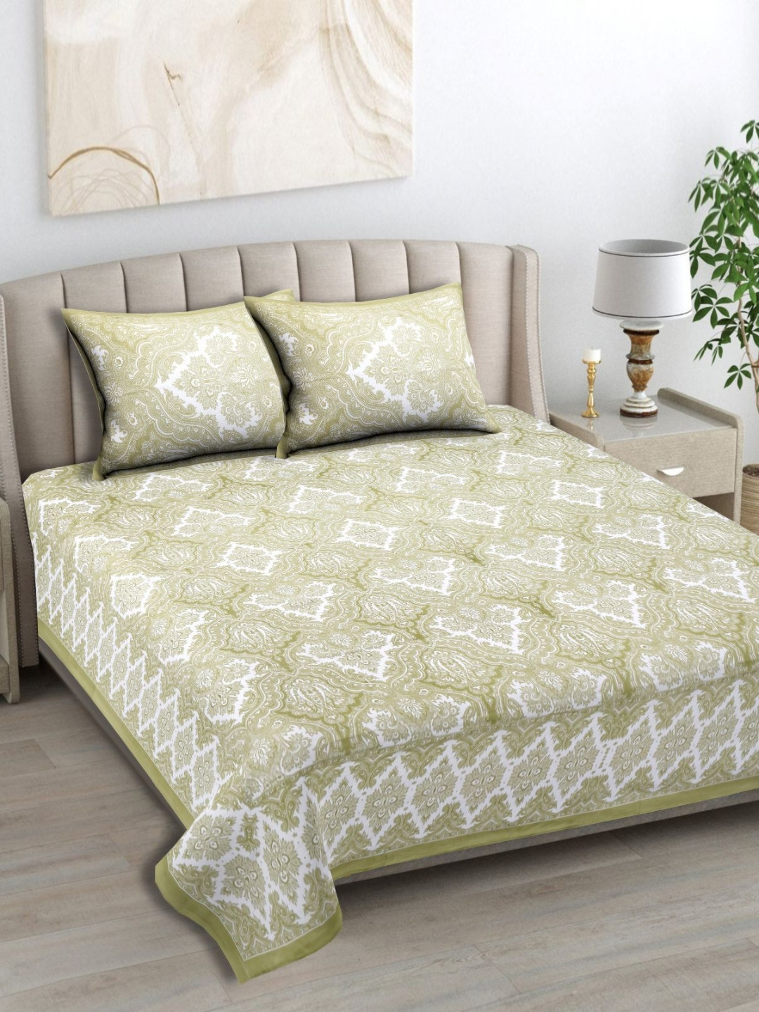 SUTI SWAN Green Ethnic Motifs Cotton 120 TC King Bedsheet with 2 Pillow Covers-108 x 108 inches