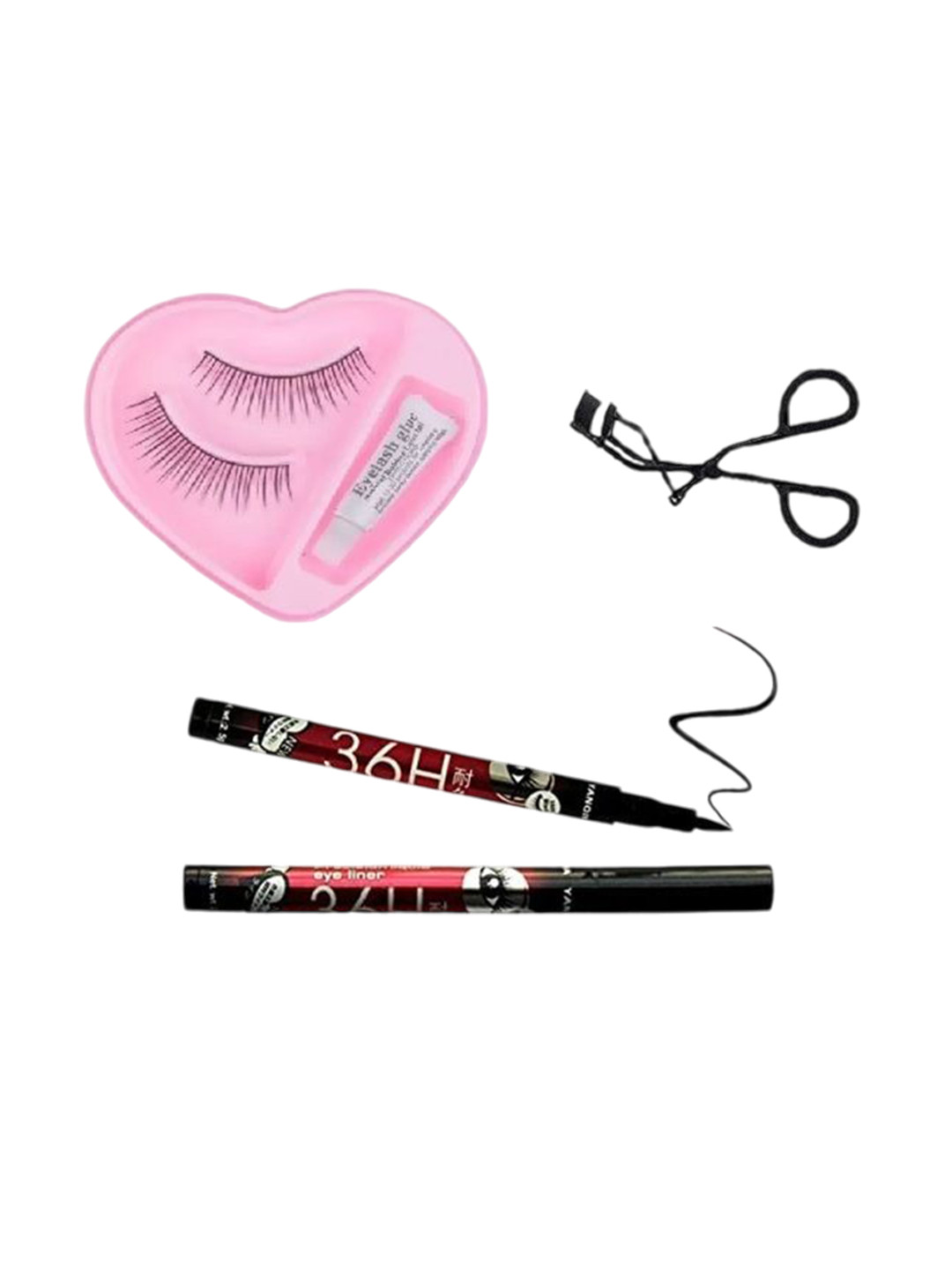YELGO Set Of 3 False Eyelashes Eyelash Curler & Liquid Eyeliner Makeup Combo