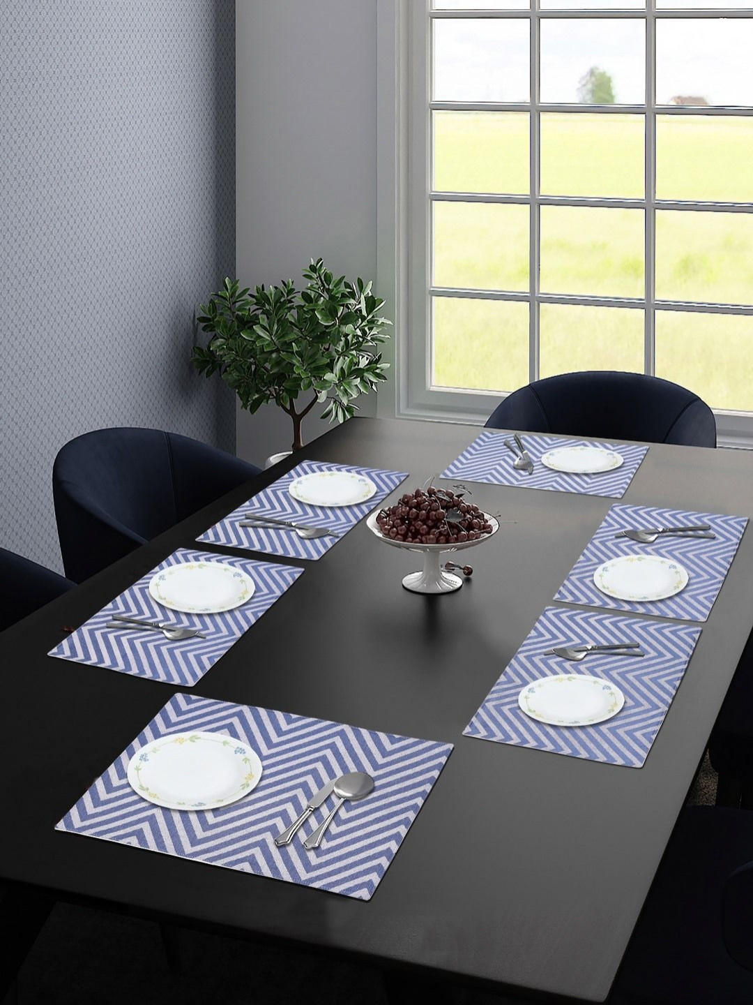 Saral Home Blue & Beige 6 Pieces Chevron Cotton Rectangle Table Placemats