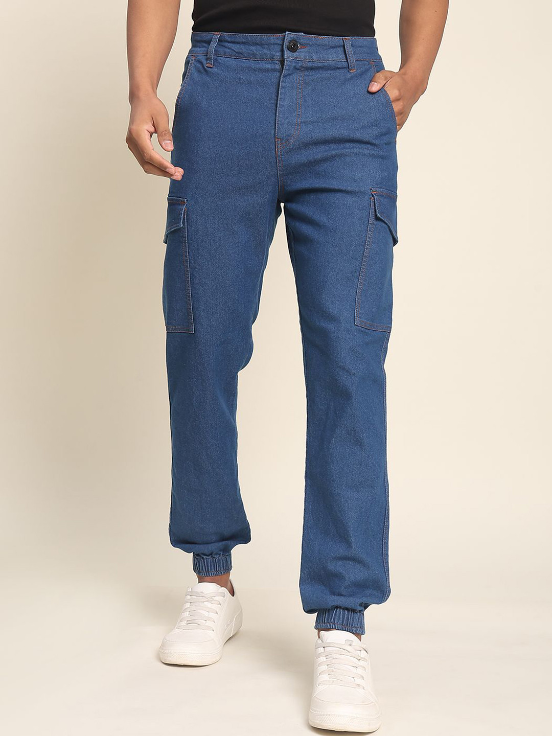 The Roadster Lifestyle Co Men Denim Joggers With Side Cargo Pockets