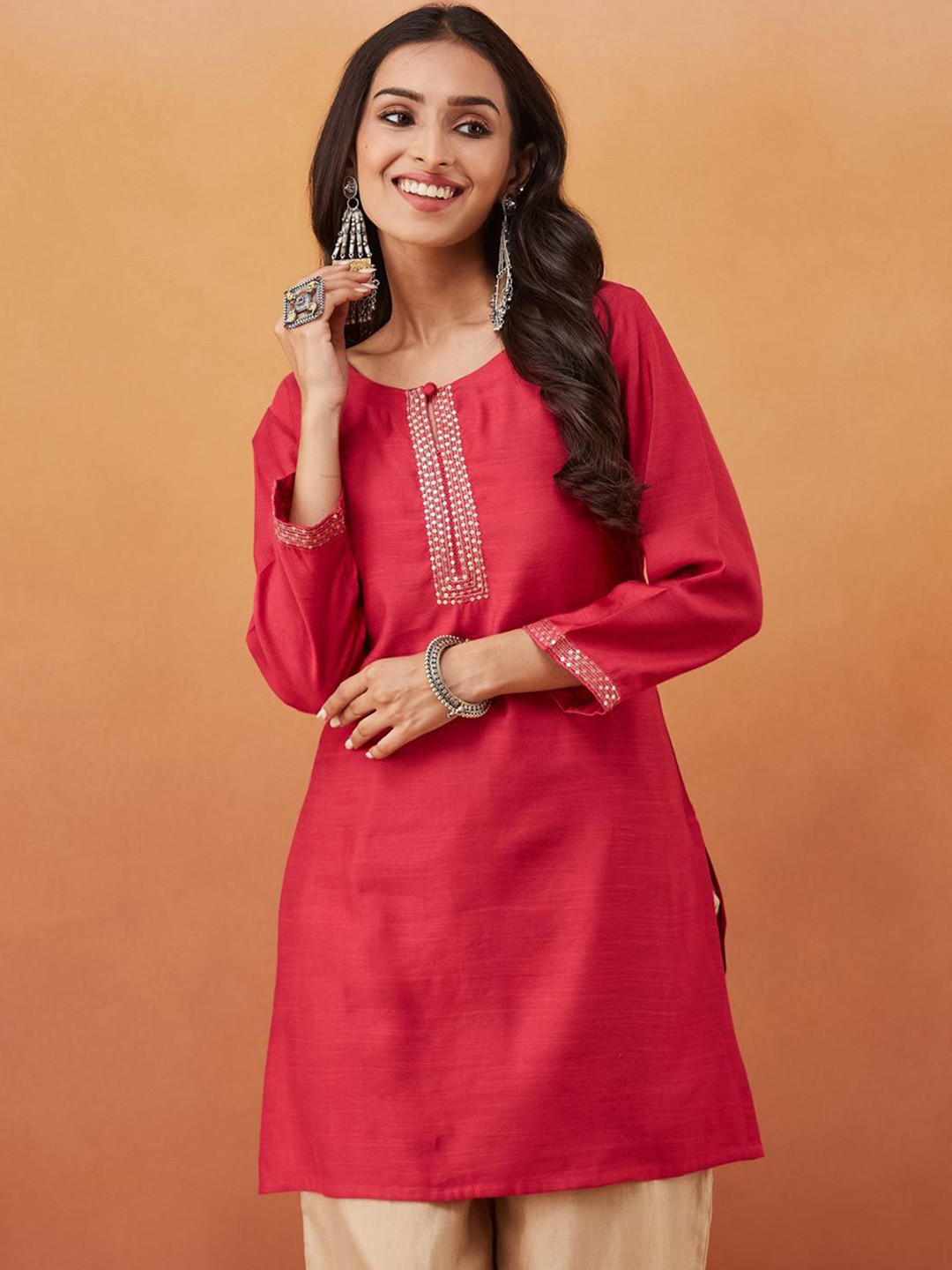 Fabindia Embroidered Keyhole Neck Sequins A-Line Kurta
