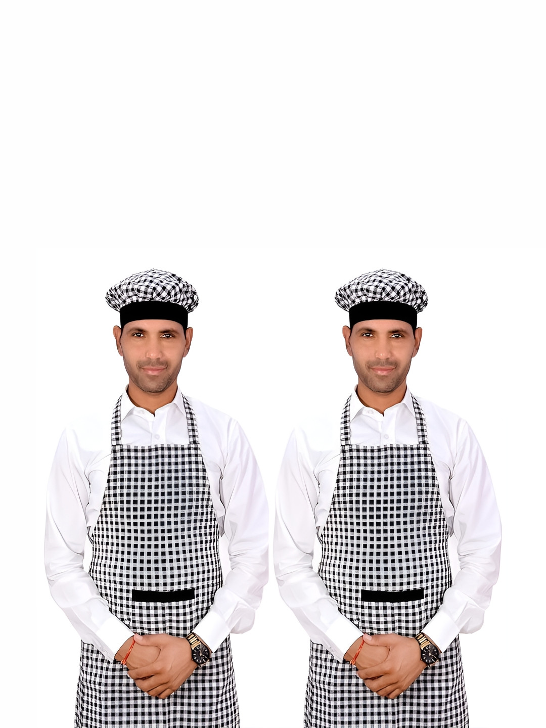 SWITCHON 2Pcs Black & White Checked Cotton Aprons With Cap