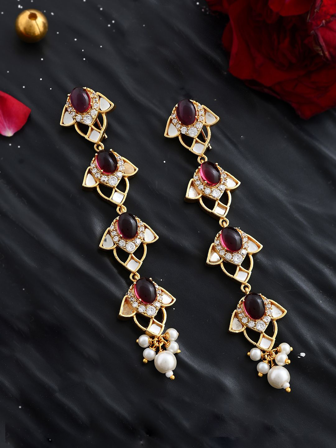 House of Pataudi Gold Plated American Diamond Studded & Beaded Drop Dangler Earrings