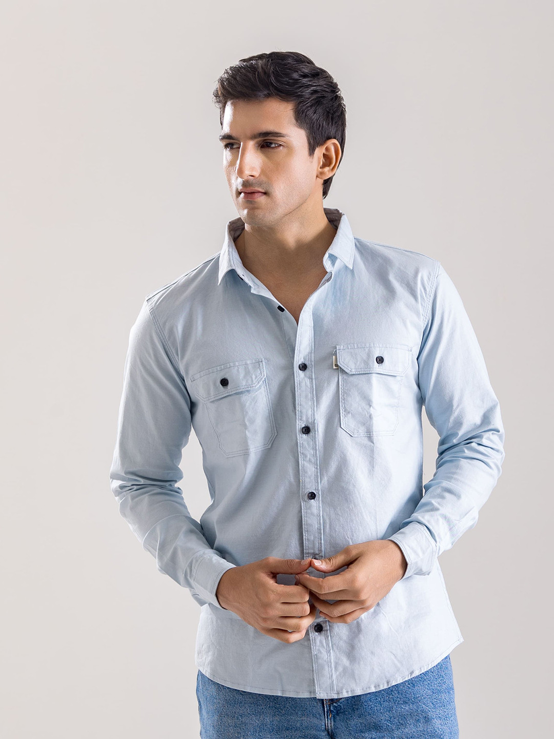 Code 61 Men Standard Spread Collar Solid Cotton Slim Fit Casual Shirt