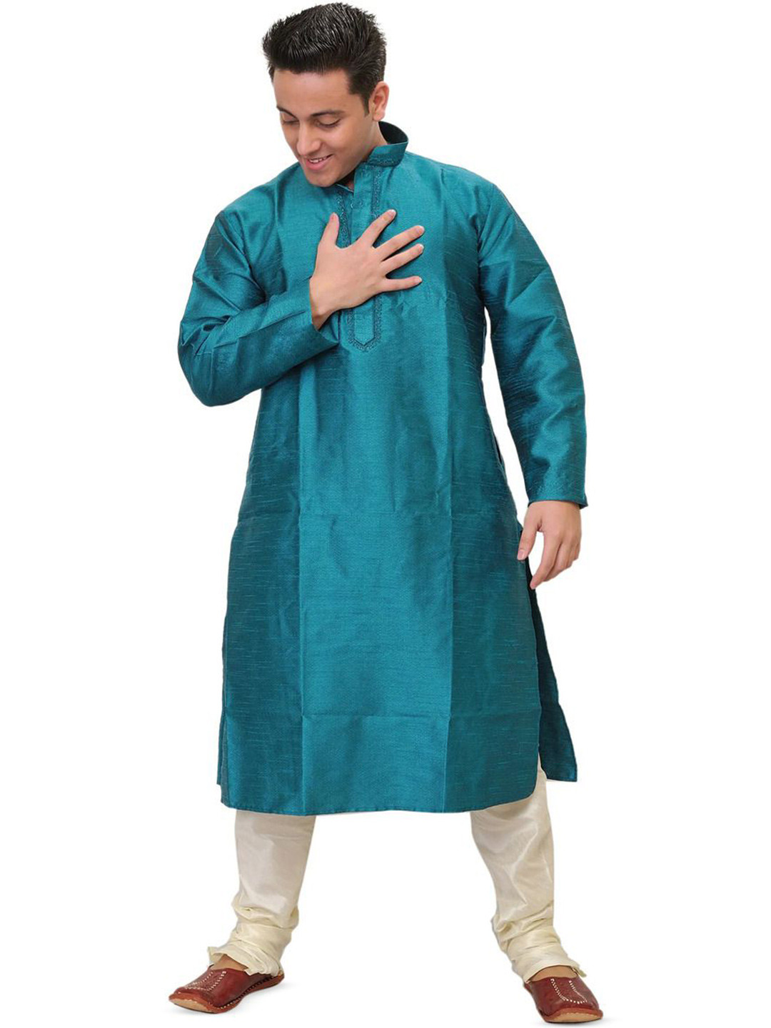 Exotic India Harbor Blue Plain Kurta Pajama Set with Zigzag Weave and Embroidered Neck