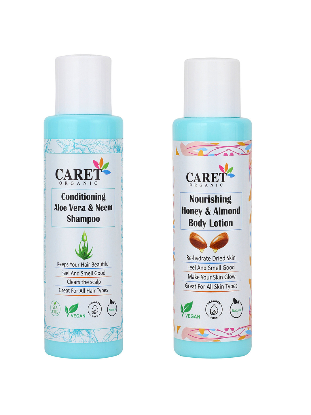 CARET ORGANIC Aloe vera & Neem Shampoo & Honey & Almond Body Lotion Combo-100ml Each