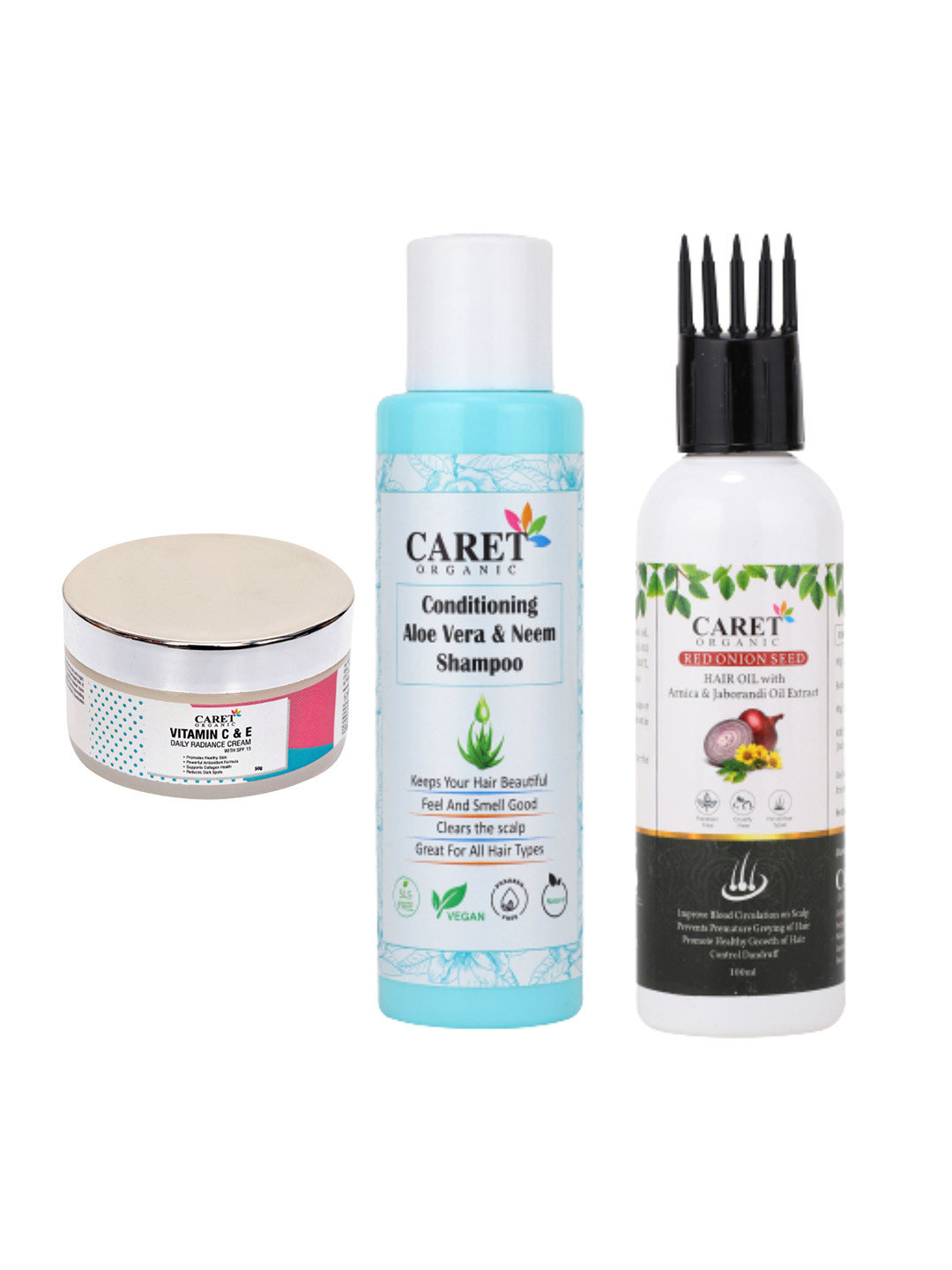 CARET ORGANIC Neem Shampoo Red Onion Seed Hair Oil & Vitamin C Nourishing Cream Combo