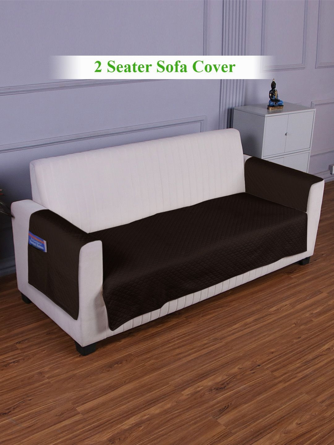 HOKIPO Brown Polyester 2 Seater Sofa Seat Mat & 2 Armrest Covers with Pockets