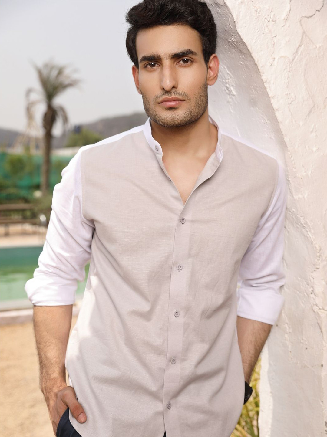 PERCH Men India Slim Band Collar Colourblocked Linen Blend Casual Shirt