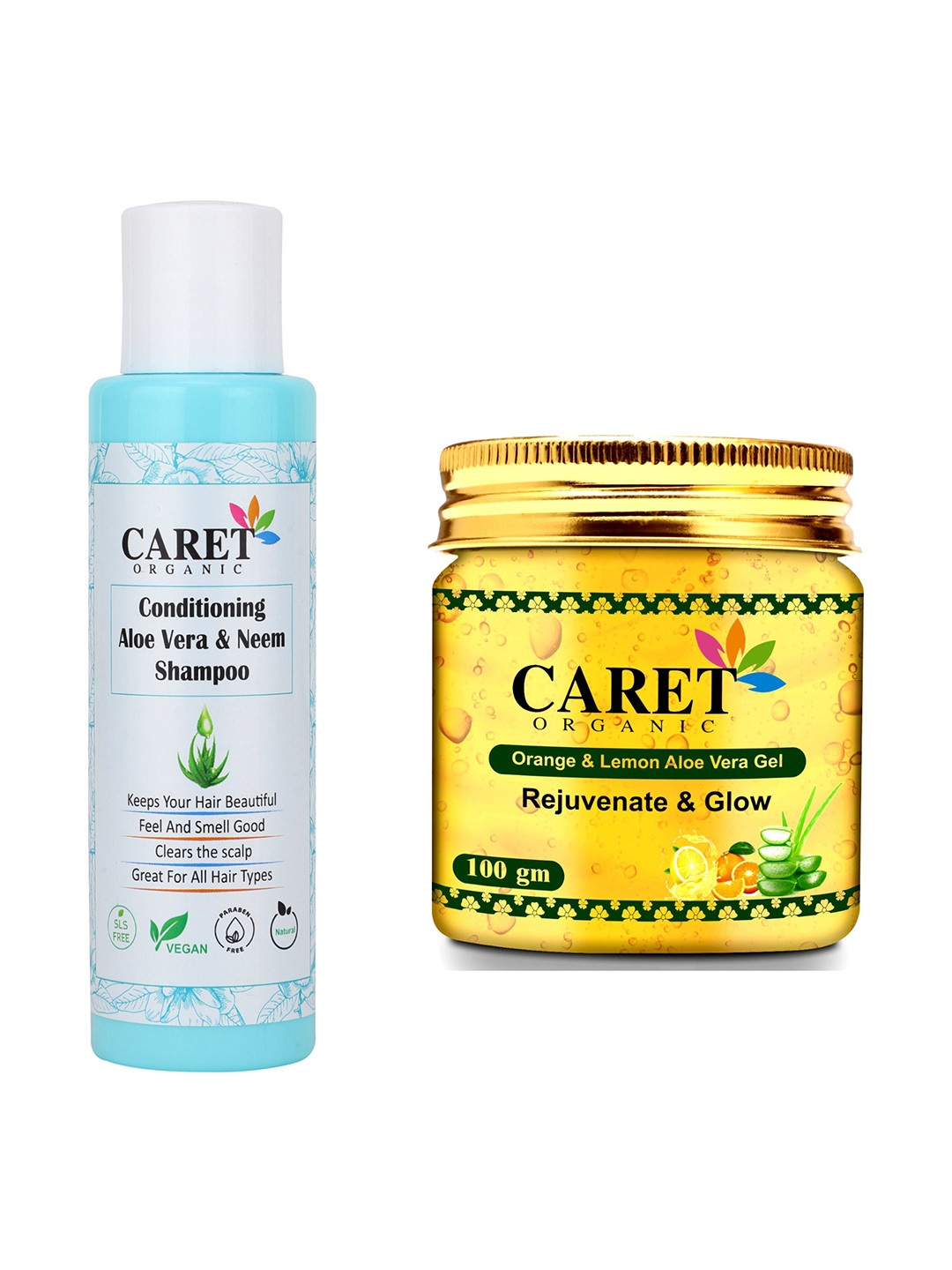 CARET ORGANIC Aloe vera Shampoo, Papaya Gel & Orange, Lemon Aloevera Gel Combo-100 g Each