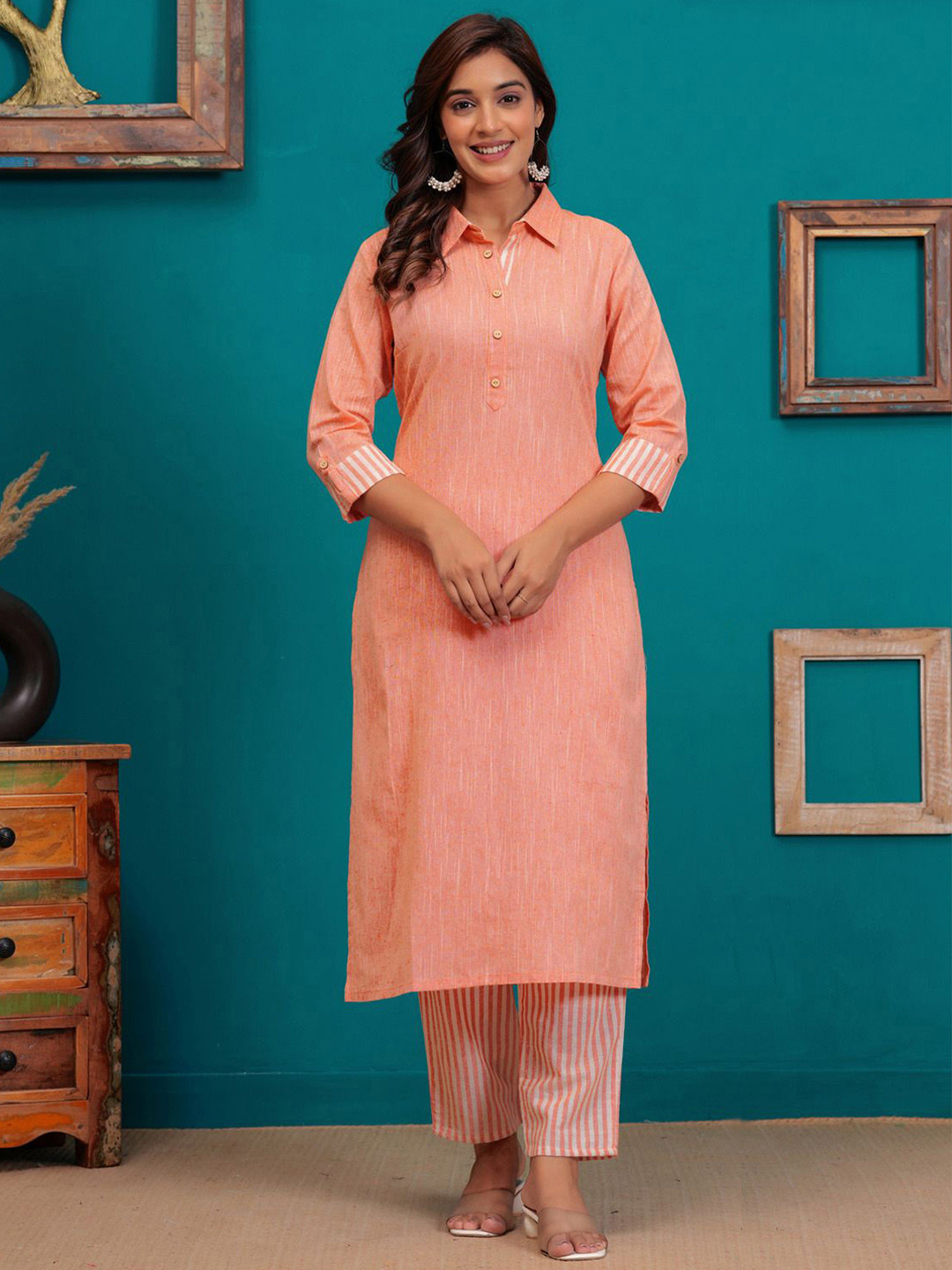 SARAI CREATIONS Shirt Collar Pure Cotton Straight Kurta with Trouser