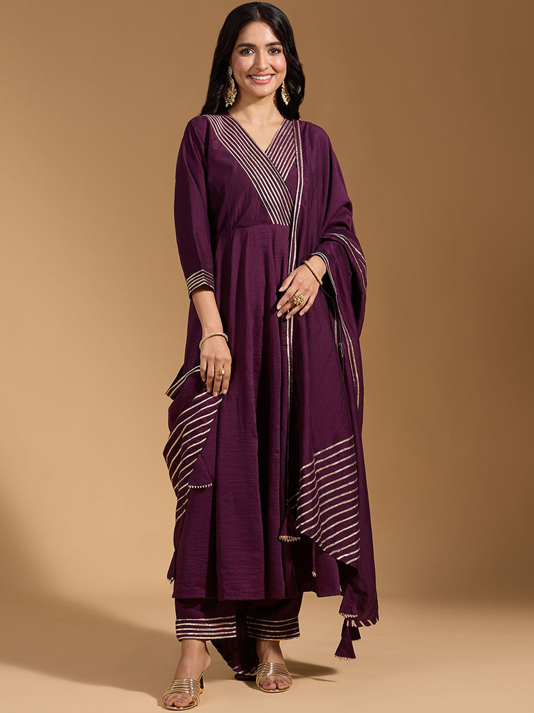 KAVINDI Gotta Patti Lace Design Pure Silk Anarkali Kurta With Trousers & Dupatta