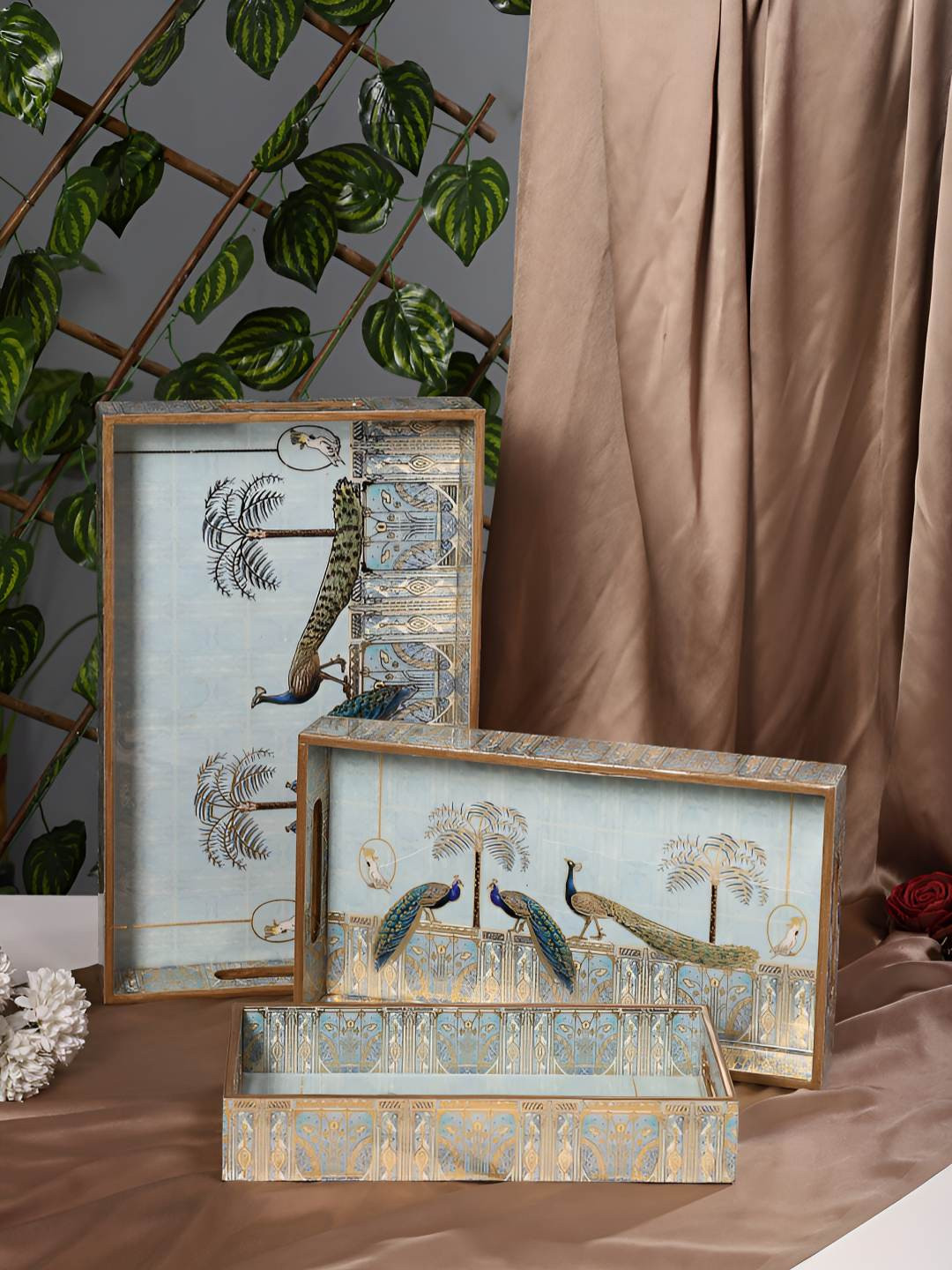 HomeShastra Royal Blue Peacock Brown 3 Pieces Printed Wooden Easy To Clean Serving Trays