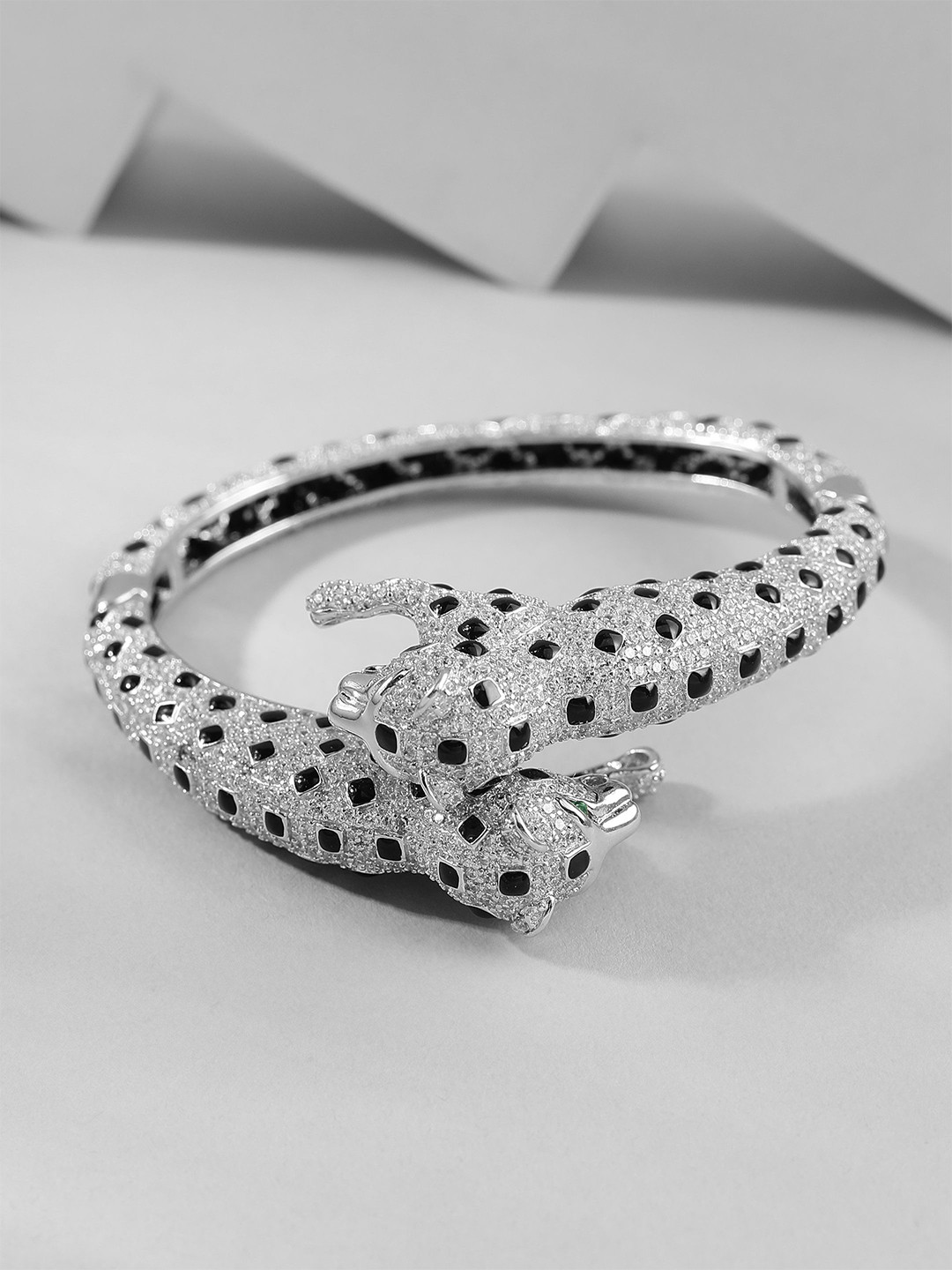 DIAVO 925 Sterling Silver Rhodium-Plated Ebony Panther Cuff Bracelet