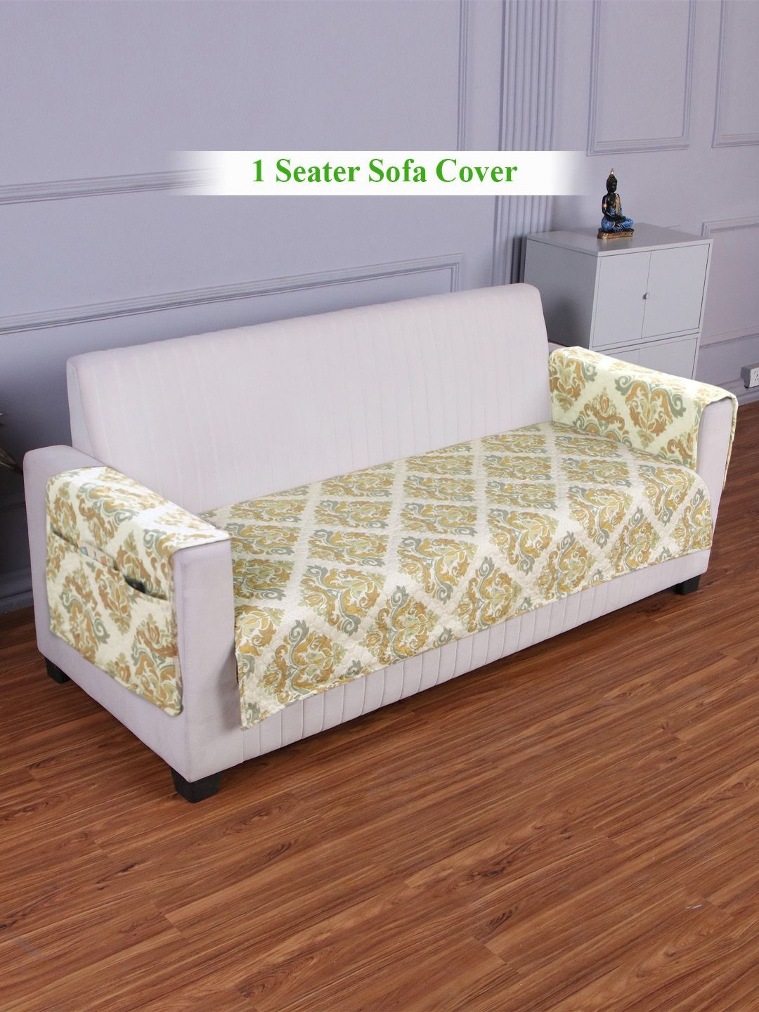 HOKIPO Beige & Off White Printed Polyester 1 Seater Sofa Seat Mat & 2 Armrest Covers