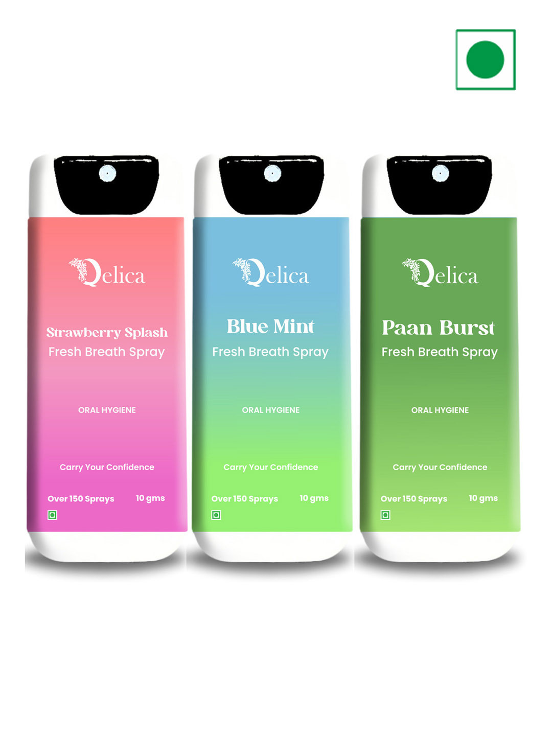 Qelica Set Of 3 Strawberry Splash Blue Mint Paan Burst Fresh Breath Spray-10g Each