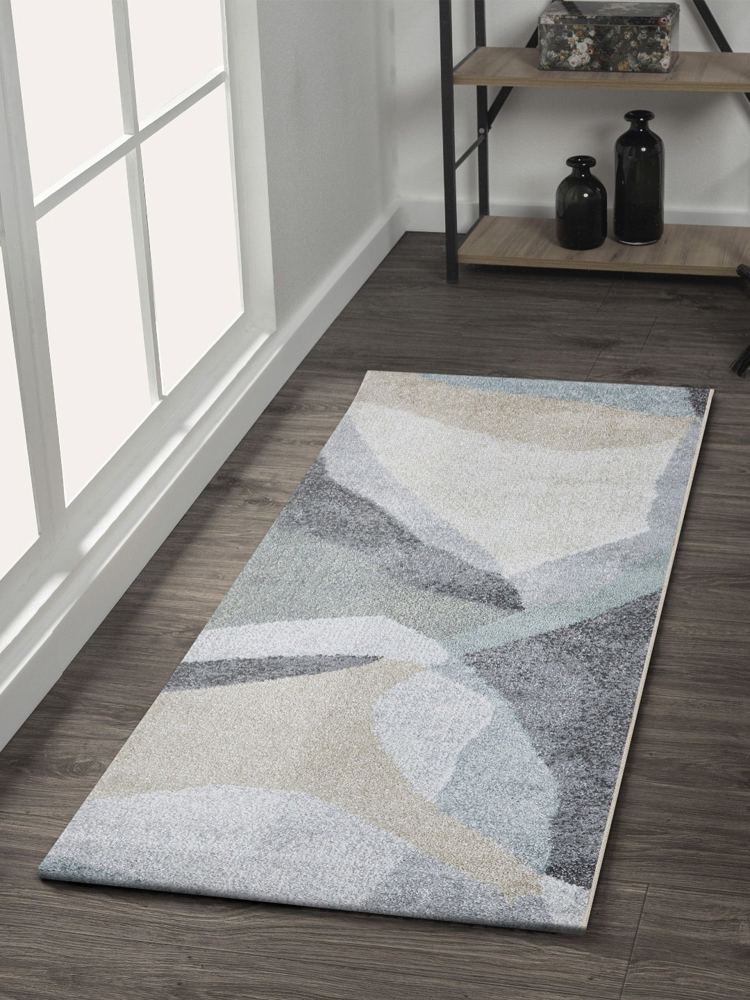 OBSESSIONS Charcoal-Black & Beige Abstract Rectangular Bedside Runners