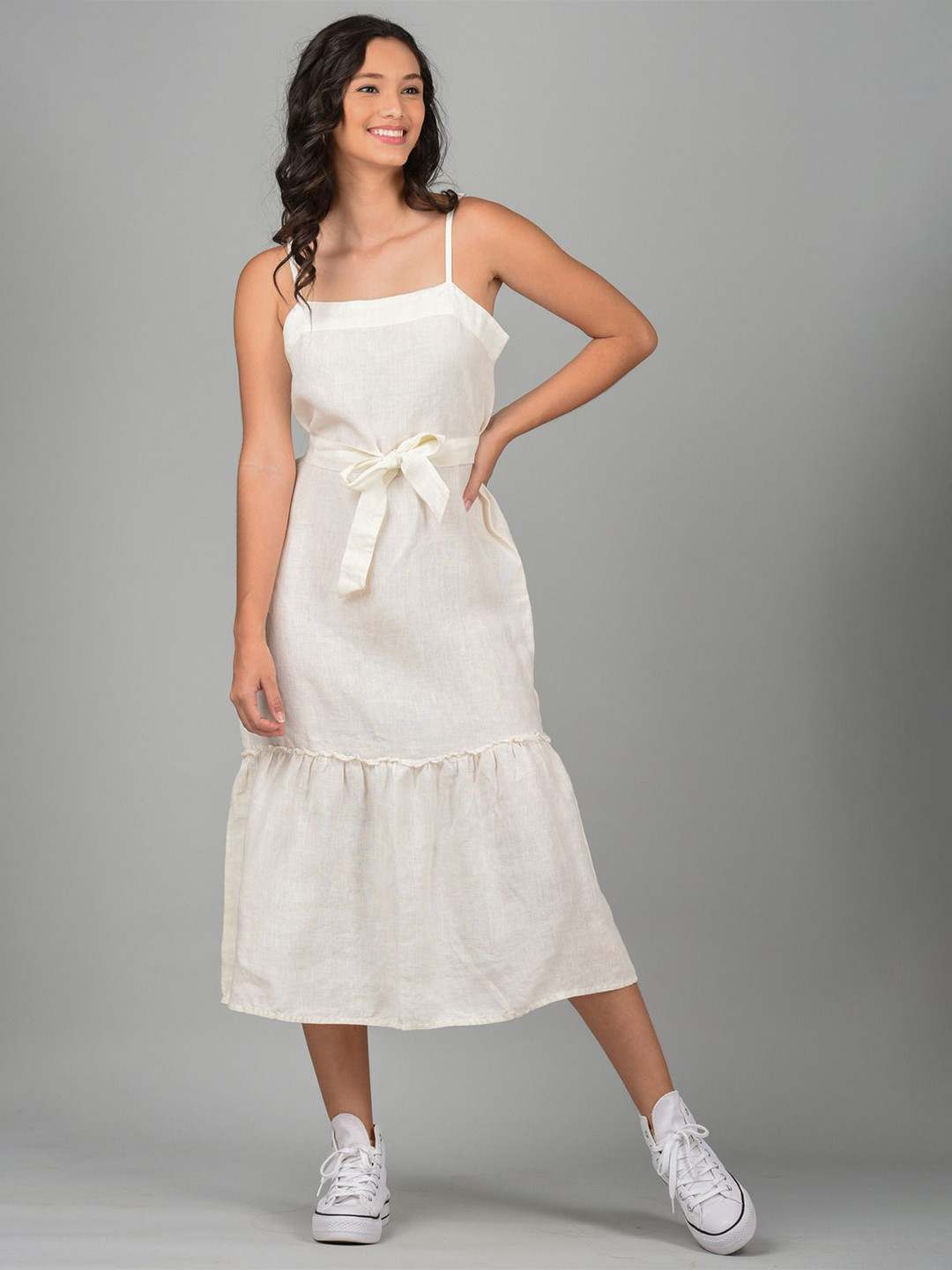 Linen Options Solid Shoulder Straps A-Line Midi Dress