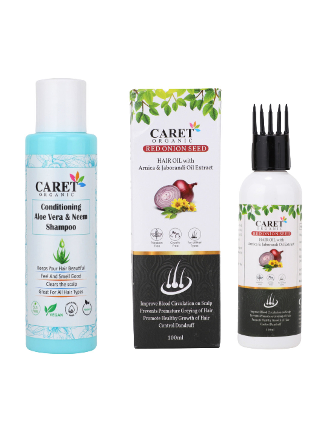 CARET ORGANIC Aloevera & Neem Shampoo & Red Onion Seed Hair Oil Combo-100g Each