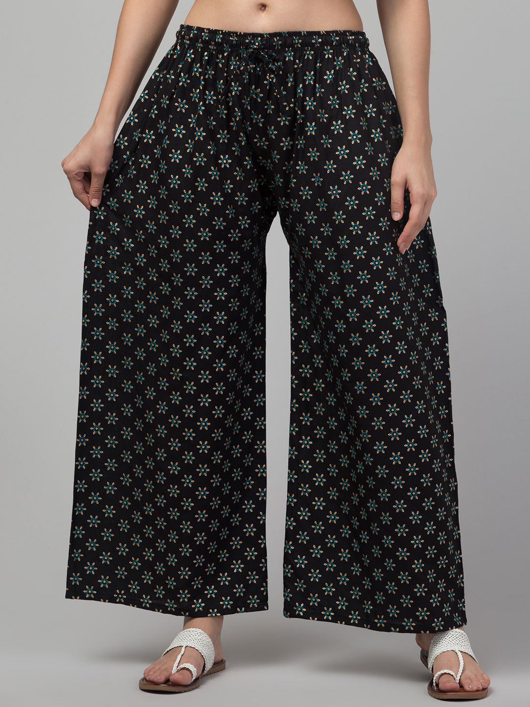 FAMBEE Women Floral Printed Flared Knitted Ethnic Palazzos