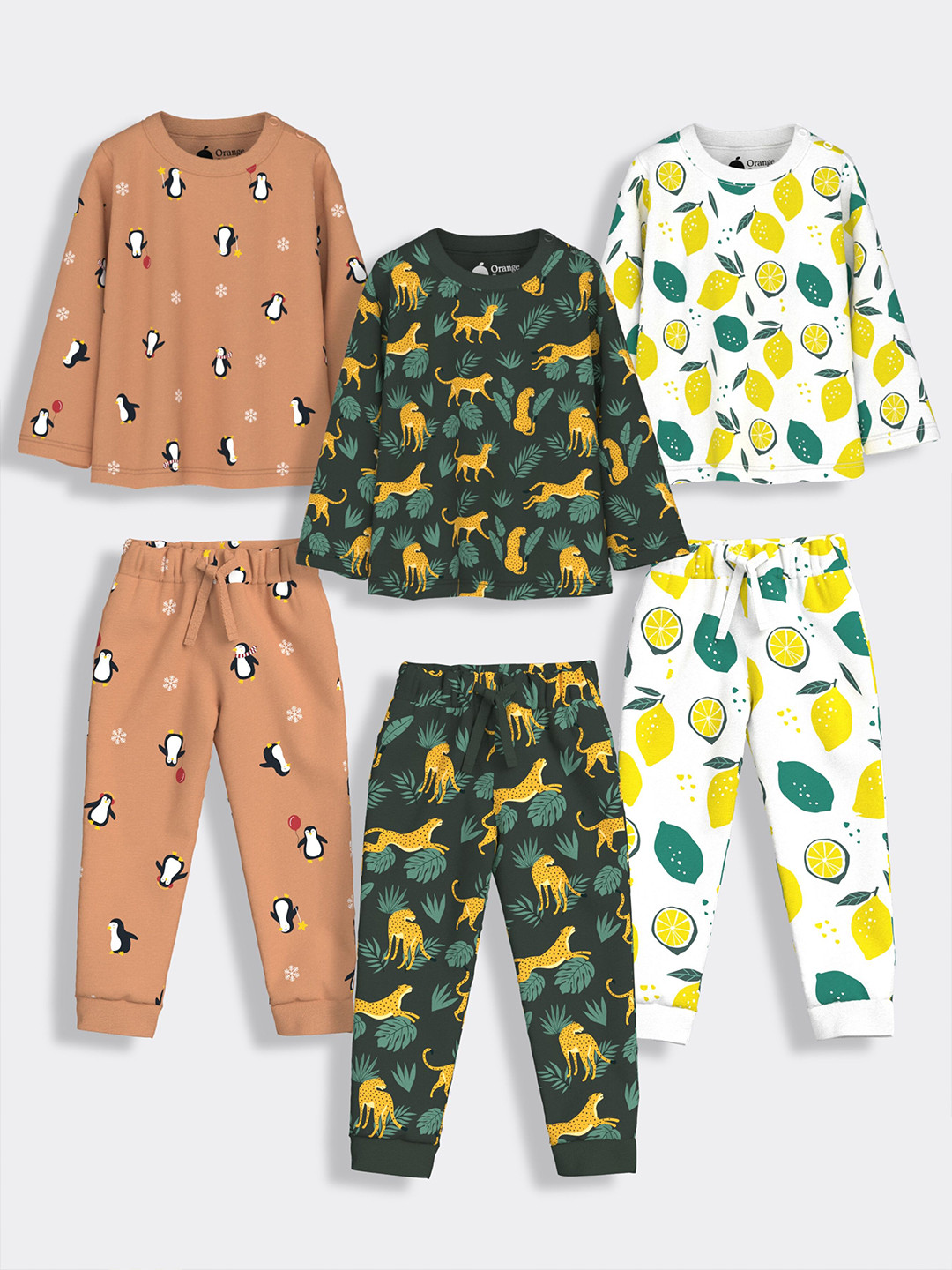 Orange Sugar Kids Pack Of 3 Printed Round Neck Long Sleeves T-shirts & Pyjamas Sets