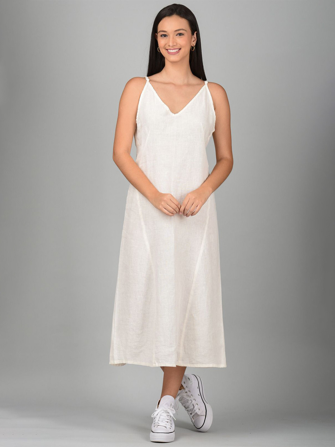 Linen Options Women Solid V-Neck A-Line Midi Dress